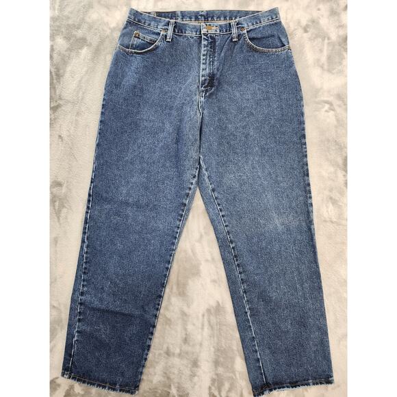 Vintage 90s Wrangler Blues High Waist Mom Jeans Size 14 Blue Tapered Dark Wash - Picture 1 of 9